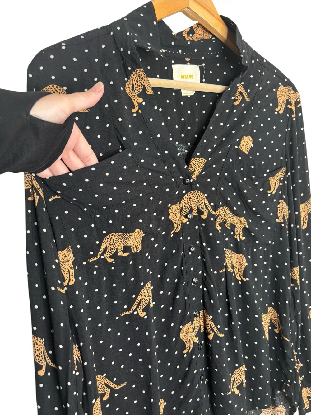Maeve Anthropologie button down blouse black polka dot leopard two pocket 8 - Picture 5 of 8